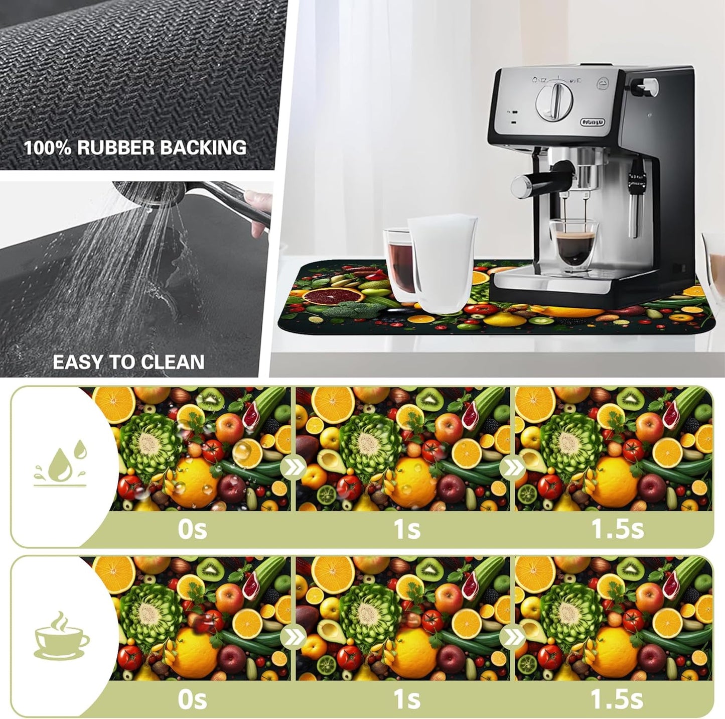 Kitchen Mat Fruits Vegetables Dish Drying Mat 12"x19" Bsorbent Coffee Maker Mat for Sink Dishes or Under Rack Kitchen Counter Accessories Absorbent Hide Stain Rubber Backed Dish Drying Pad
