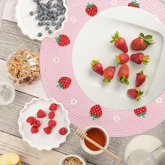 Whaline 4Pcs Round Placemats Daisy Strawberry Embroidered Place Mats Summer Strawberry Dinner Table Mats for Home Wedding Baby Shower Birthday Party Decor