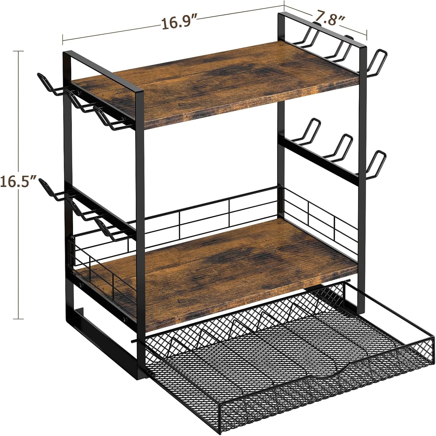Coffee Station Organizer, 3 Tier Bar Organizer for Countertop, Mug Cup Holder Stand With 12 Hooks and 28 K Cup Storage for Kitchen, Home & Office, Rustic Brown