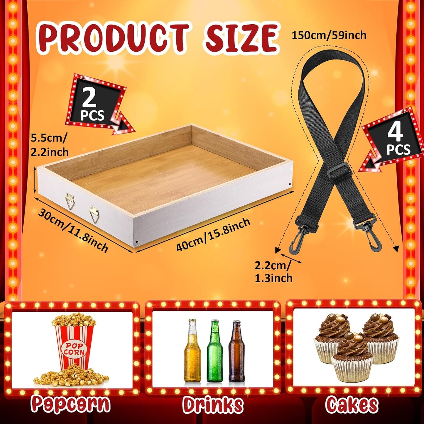 Marsui 2 Pcs Halloween Snack Trays with Straps 15 x 11 x 2 Inch Wooden Movie Night Snack Drink Trays Vendor Usherette Popcorn Drink Beverage Carrier for 20's Theme Carnival Party Costume(White)