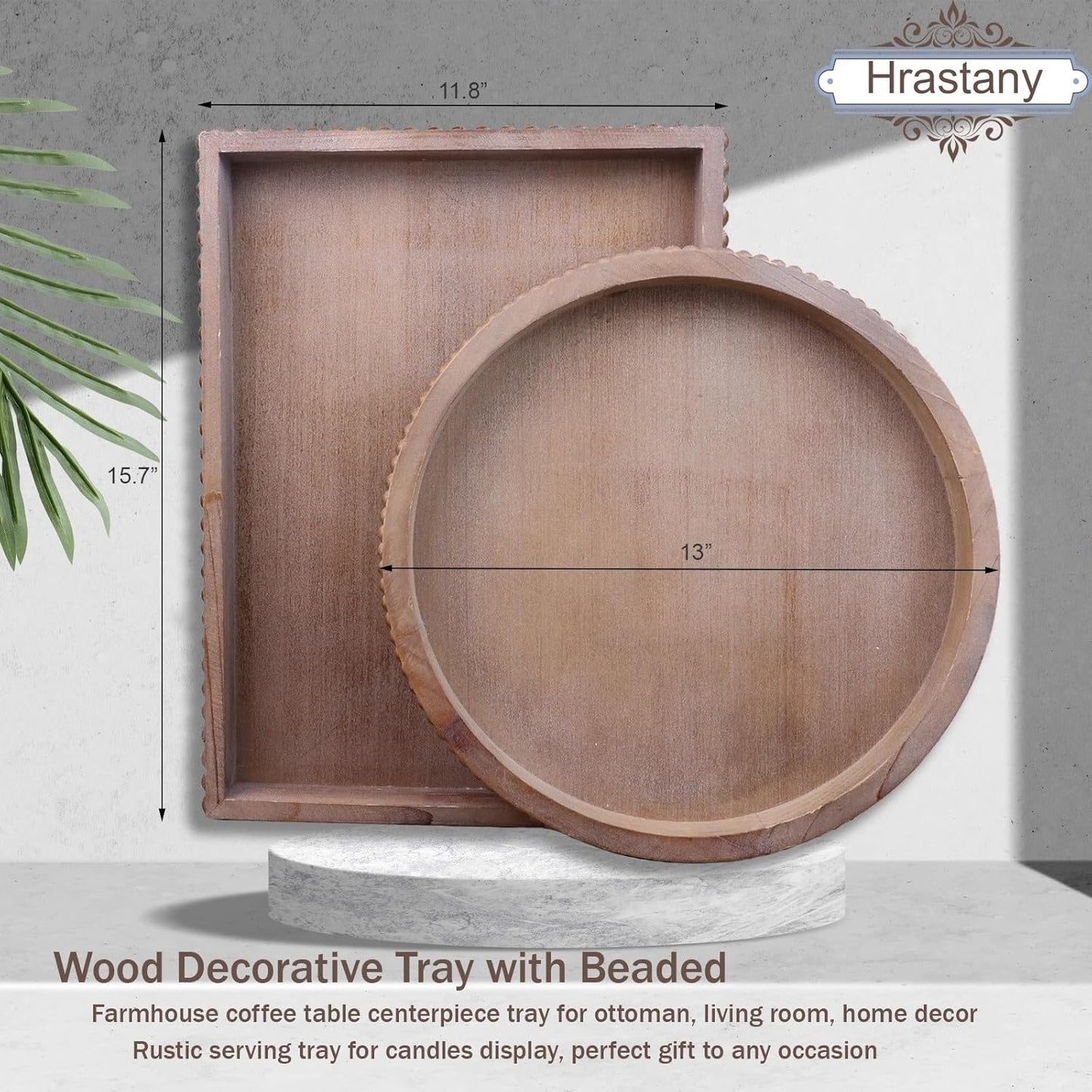 Wood Decorative Serving Tray with Bead, Round Vintage Wooden Ottoman Tray for Home Centerpiece, Counter Organizer, 13” Circle Tray for Kitchen, Living Room (Rustic Brown)