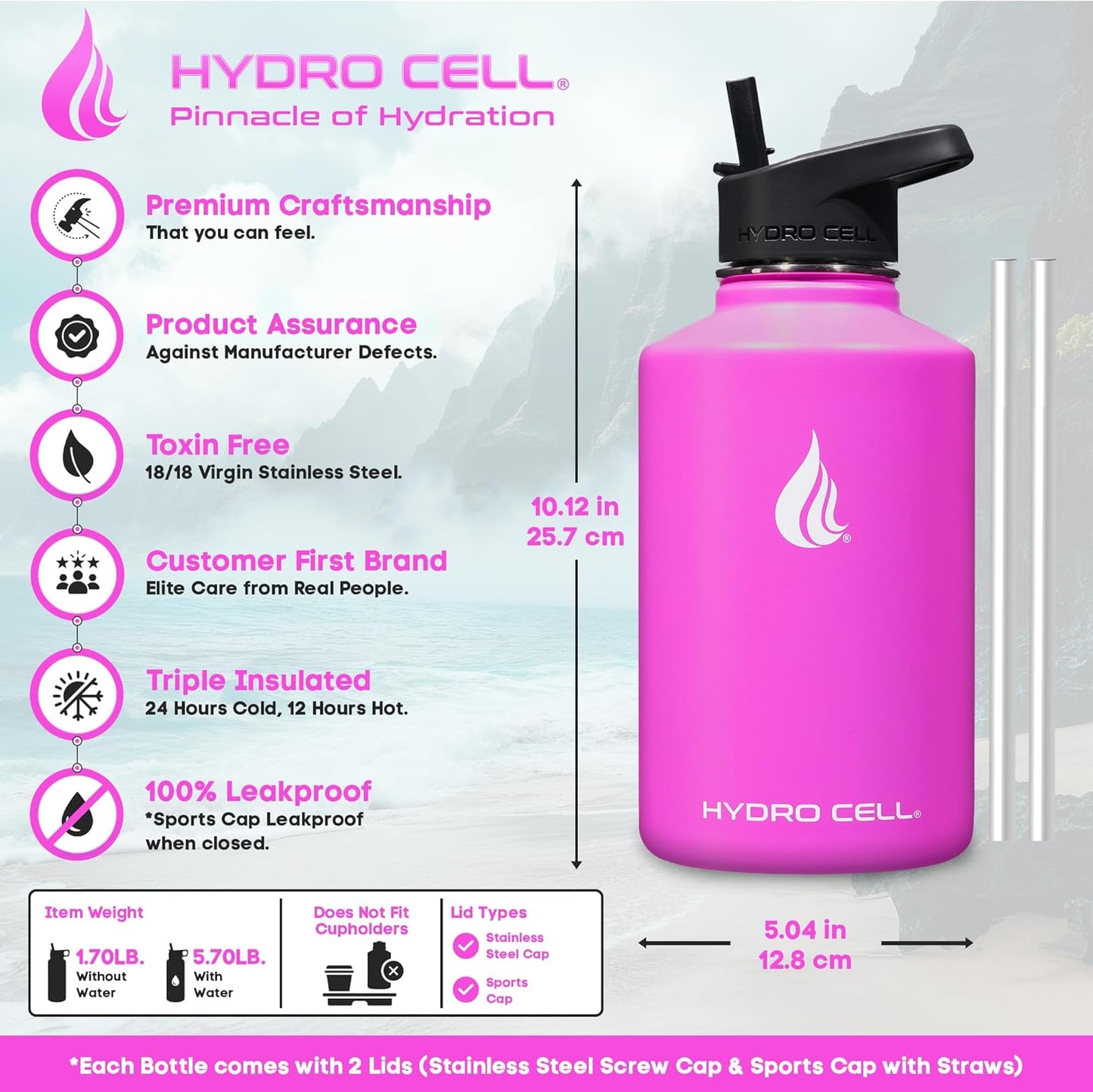 HYDRO CELL Stainless Steel Insulated Water Bottle with Straw - For Cold & Hot Drinks - Metal Vacuum Flask with Screw Cap and Modern Leakproof Sport Thermos for Adults (Fuchsia 64oz)