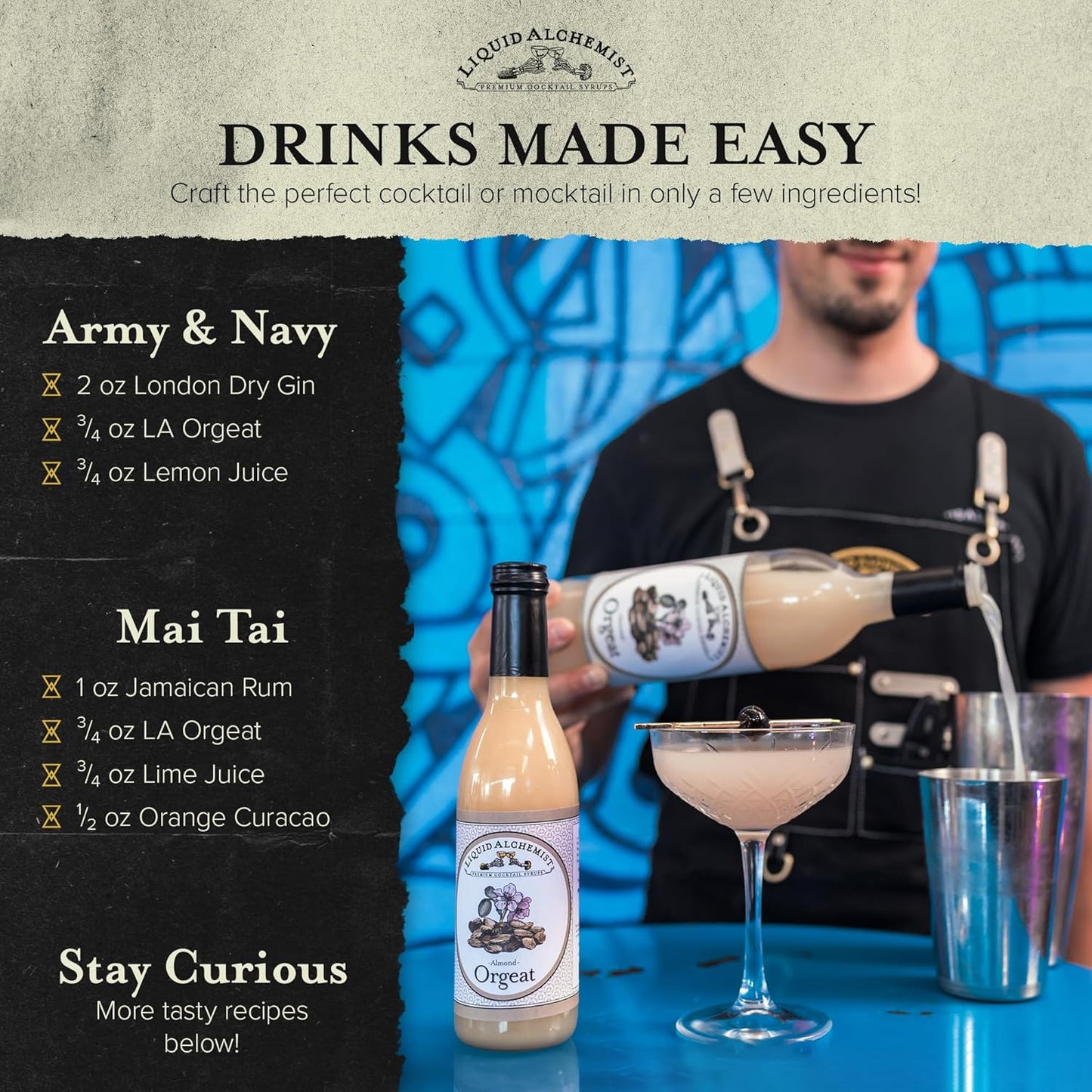 Liquid Alchemist Orgeat Syrup for Cocktails - Real Ingredients Make Our Almond Syrup the Perfect Mai Tai Mix - Non-GMO, Gluten Free & Vegan (12 oz)