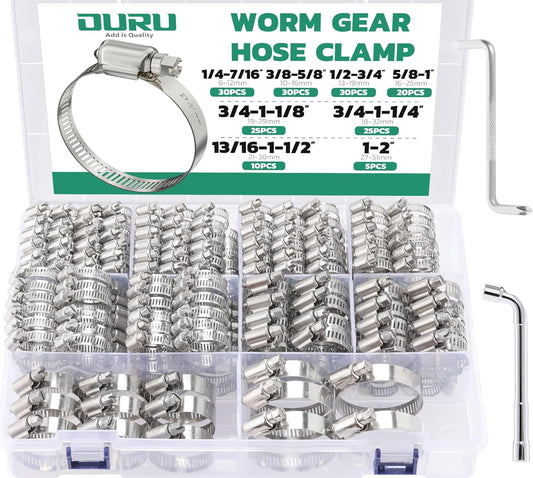 175PCS Hose Clamps Stainless Steel Assortment Adjustable 1/4"-2"(6-51mm) Worm Gear Hose Clamp, Heavy Duty Metal Small Hose Clamps for Automotive, Pipe, Radiator Plumbing, Fuel Line