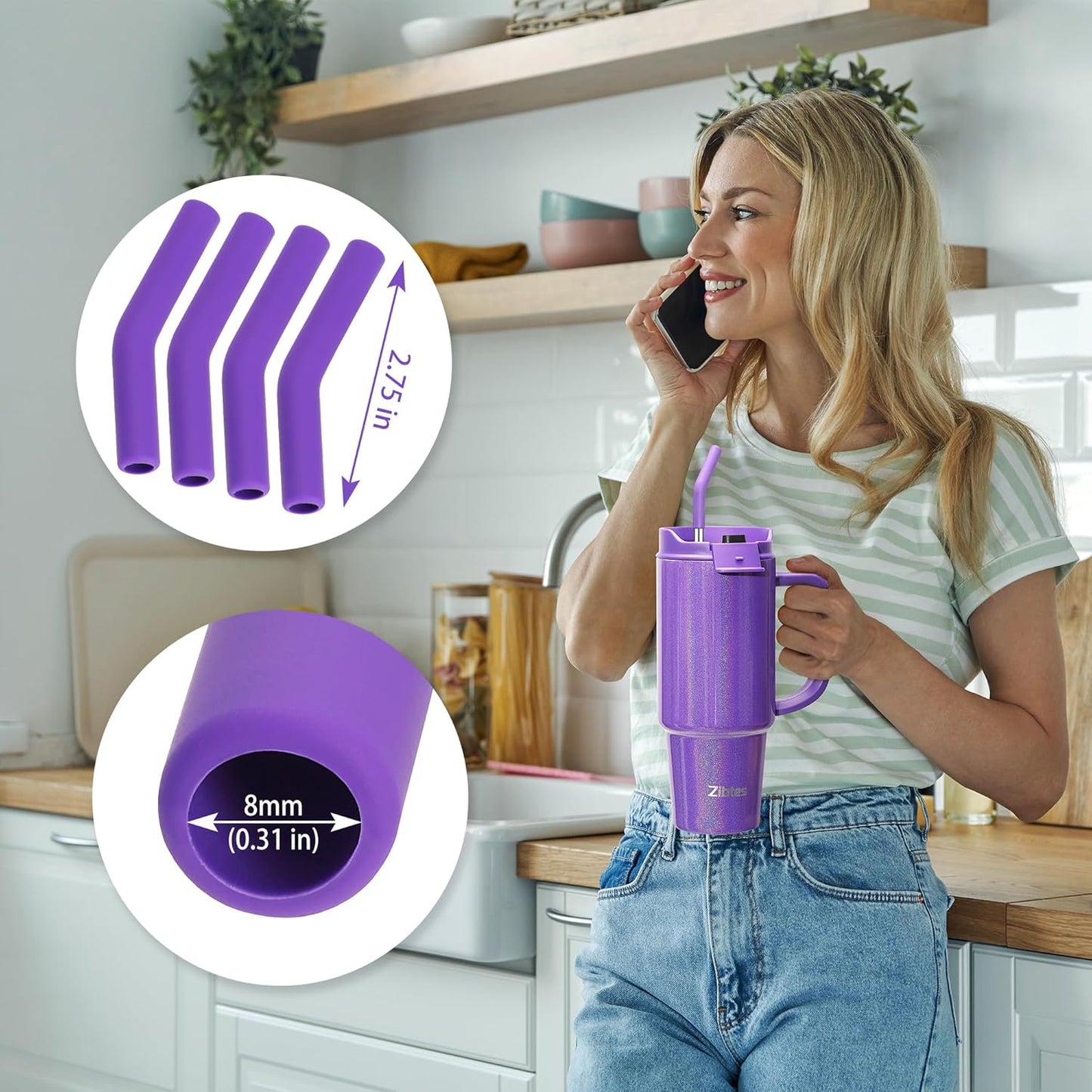 Zibtes-4PCS Silicone Straw Tips- Food Grade Rubber Metal Straws Tips Covers Only Fit for 1/3 Inch Wide(8MM Outdiameter) Stainless Steel Straw-Purple