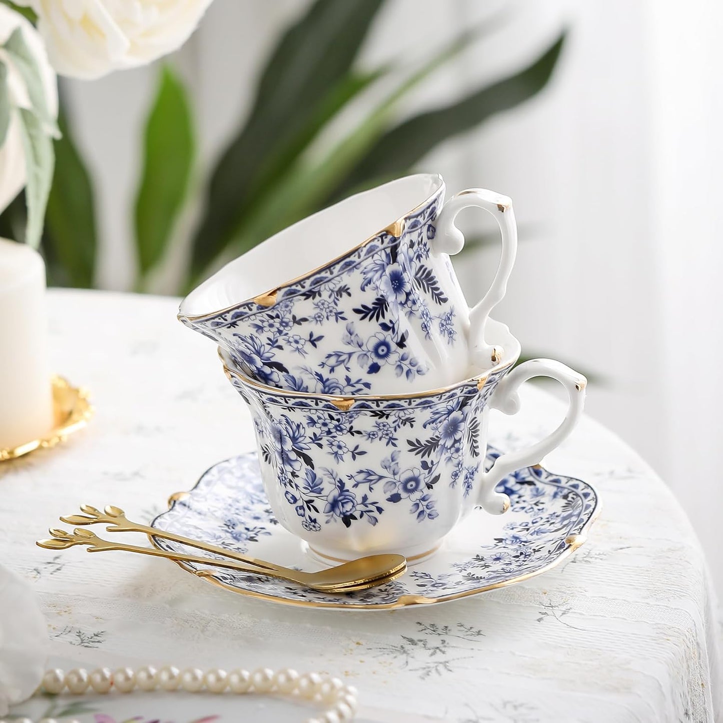 TATSUMI Country Roses 18 Peices Bone China Tea Cup And Saucer Set, English Vintage Tea Cups Of 6 For Women And Tea Party Sets