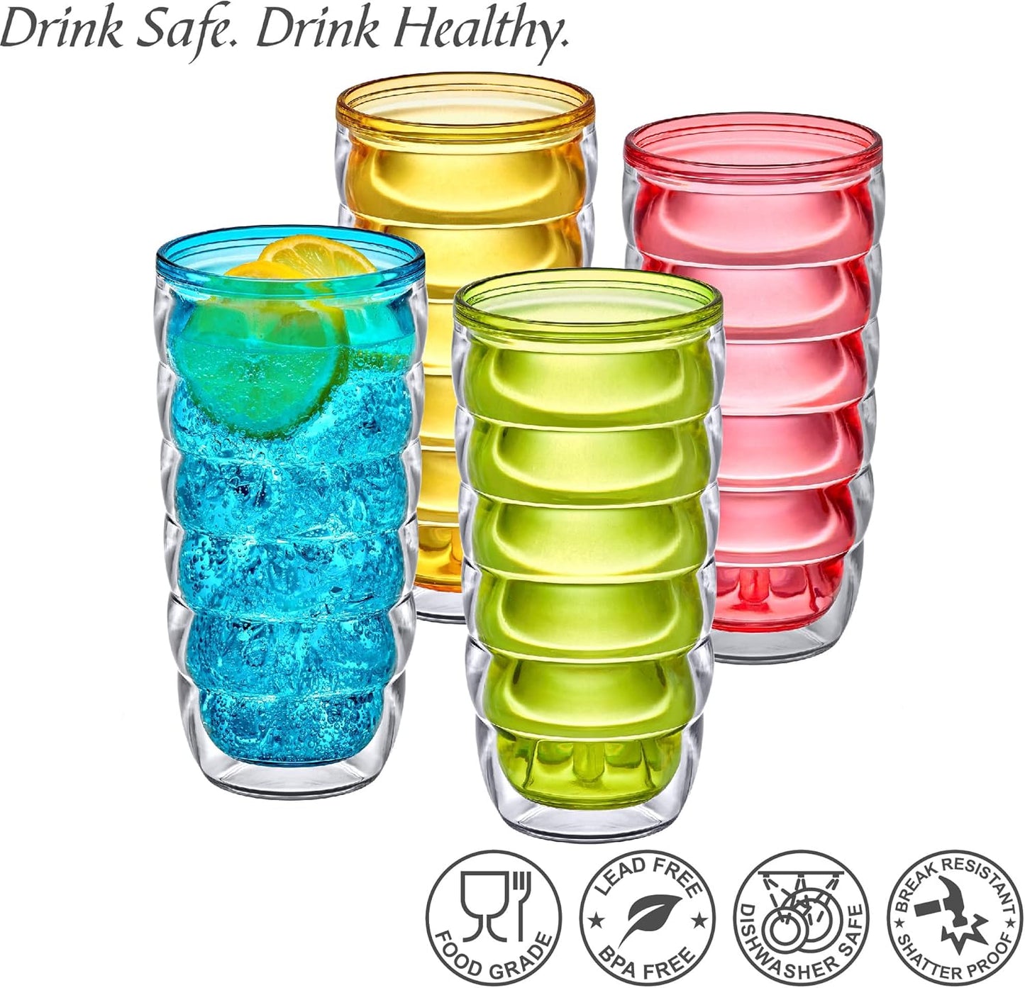 Amazing Abby - Arctic - 24-Ounce Insulated Plastic Tumblers (Set of 4), Double-Wall Plastic Drinking Glasses, Mixed-Color High-Balls, Reusable Cups, BPA-Free, Shatter-Proof, Dishwasher-Safe