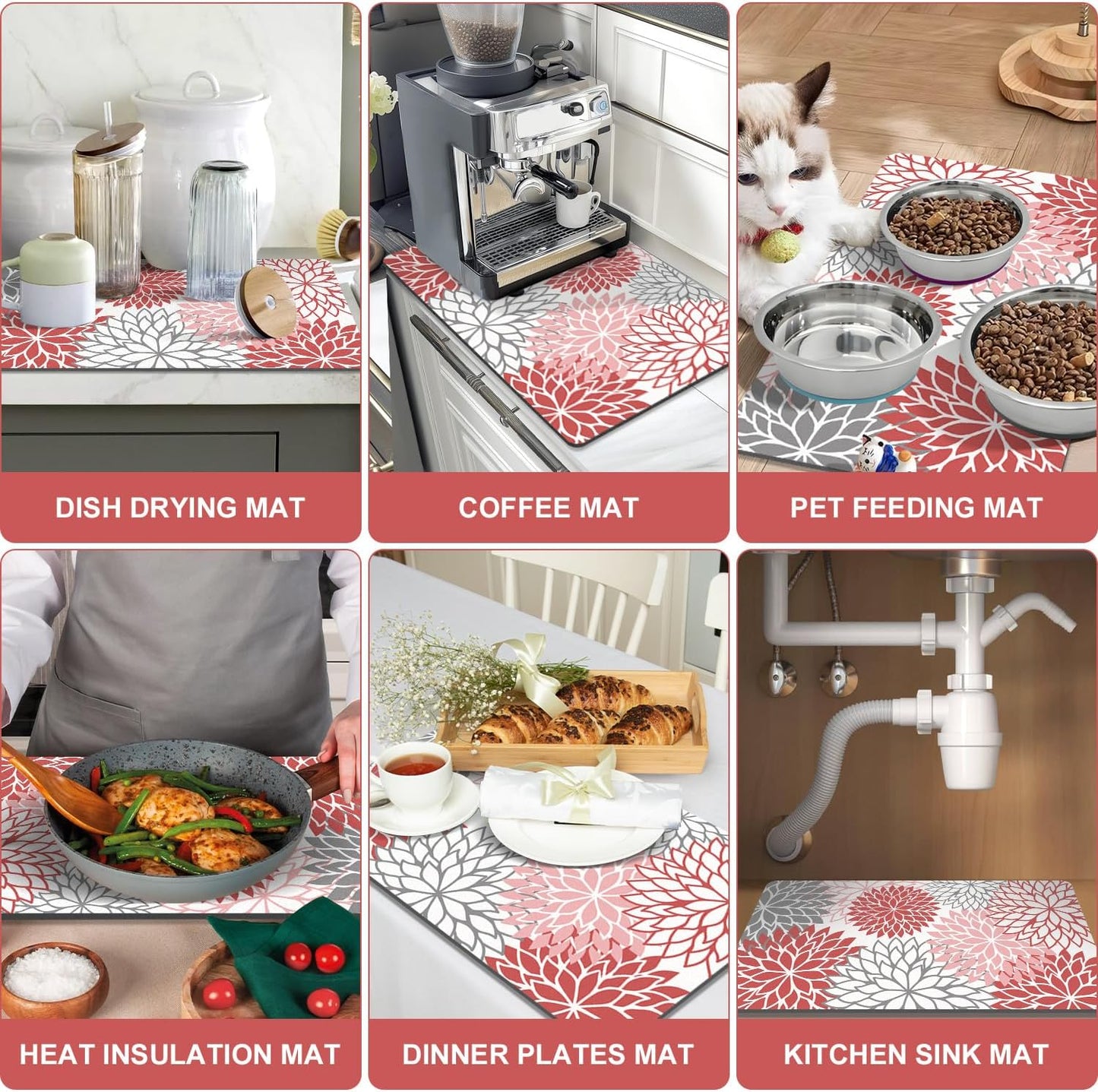 Findosom 2PCS 12" x 20" Christmas Dish Drying Mat & 24" x 5.5" Sink Splash Guard, Super Absorbent & Cuttable Dish Mat Drying Kitchen Mat with Red Floral, Hide Stain Drying Mat for Kitchen Counter