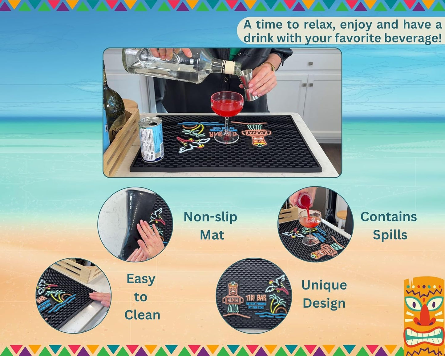 Aloha Tiki Bar Mat Gettin Freaky at The Tiki 18x12 in Hawaiian Decorations | Luau Party Decorations & Hawaiian Party Decorations Bar Mats for Countertop, Hawaii Palm Tree, Flying Parrot Tiki Bar Decor