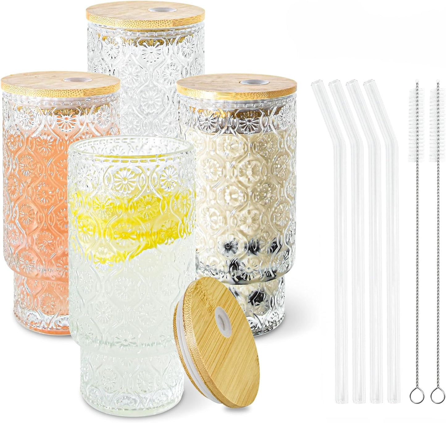 4 Pcs 11oz Drinking Glasses Cups Set with Bamboo Lids Straws Brush Small Embossed Glassware Set for Juice Iced Coffee Cocktail Whiskey(Begonia*4)