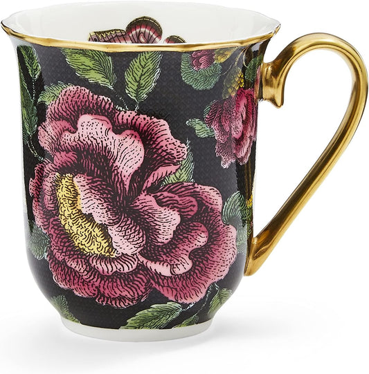 Spode Creatures of Curiosity 12oz Fine China Mug, Black Floral Pattern - Porcelain Tea & Coffee Cup with 22ct Gold Handle and Rim - Elegant Vintage Inspired Drinkware, Boxed for Gifting