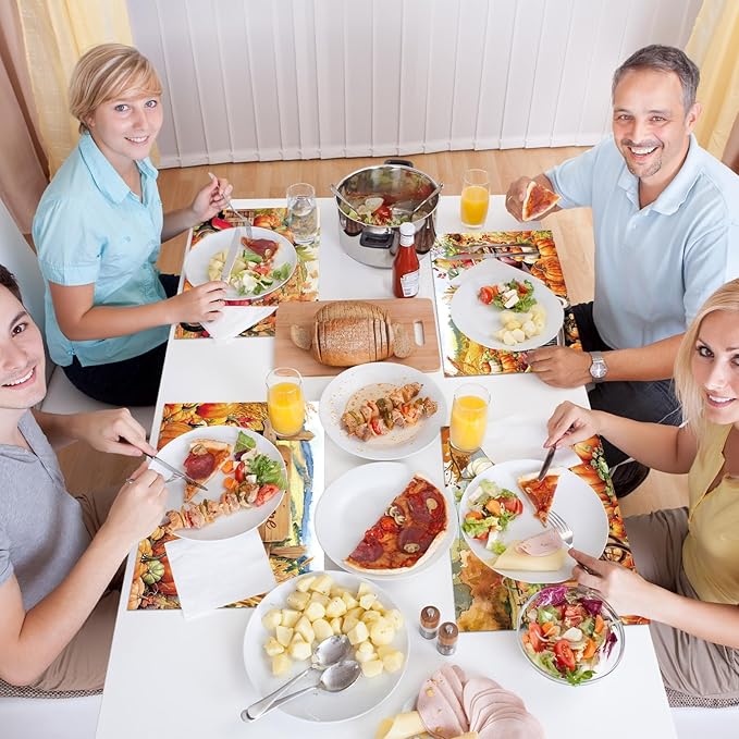 Fall Placemats Set of 6 Thanksgiving Pumpkin Plastic Table Mats Farmhouse Rustic Place Mats Sunflower Dinner Mat Autumn Seasonal Holiday Party Decoration for Indoor Outdoor Party Kitchen Dining