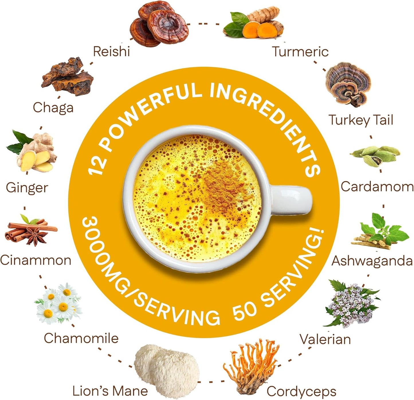 Golden Milk Magic (50 Servings) | Superfood 5 Mushroom Blend for Sleep, Relaxation, Relief | Turmeric, Ashwaghanda, Valerian, Chamomile + 5 Mushroom Blend | Smoothie, Hot Beverage