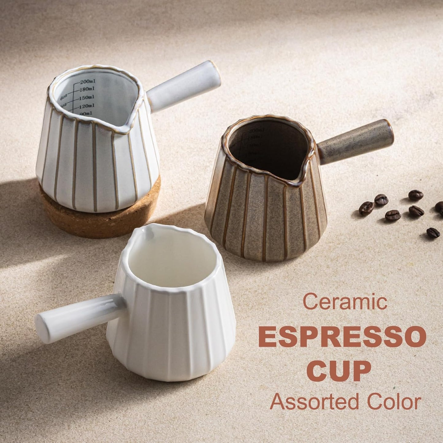 Ceramic Espresso Cups, Espresso Measuring Cup with Handle, Expresso Shots Cups with Scale, Espresso Accessories, 200ML /6 OZ, Cream White