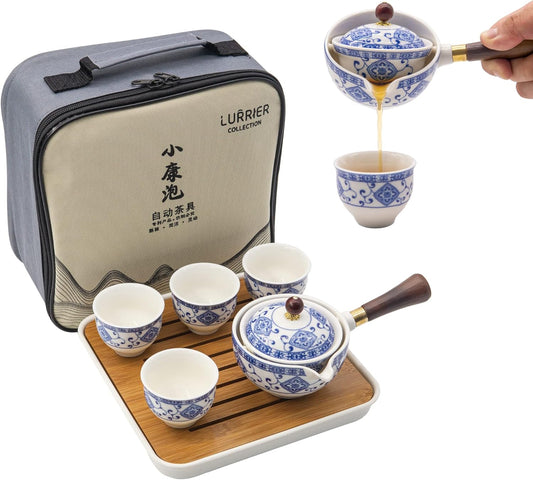 LURRIER Porcelain Chinese Gongfu Tea Set,Portable Teapot Set with 360 Rotation Tea maker and Infuser,Portable All in One Gift Bag for Travel,Home,Gifting,Outdoor and Office (Floral White)