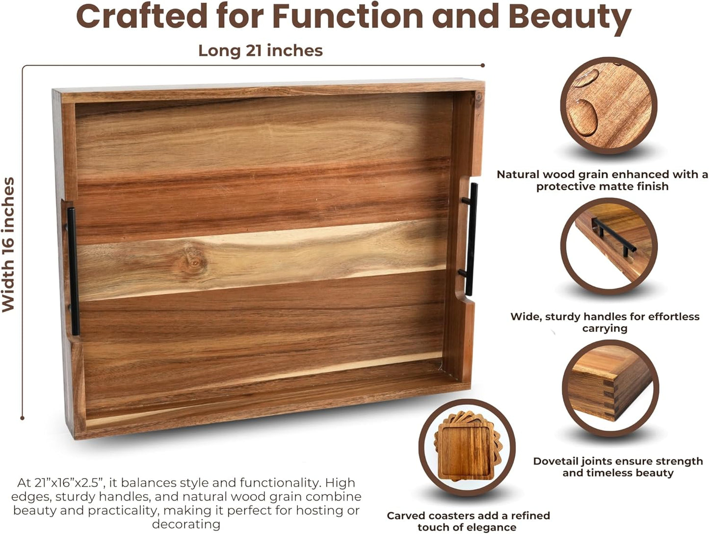 Acacia Wooden Ottoman Tray for Living Room & 6 Coasters Set – 21" Large Coffee Table Serving Tray with Handles, Perfect for Food, Drinks, Kitchen, and Home Decor