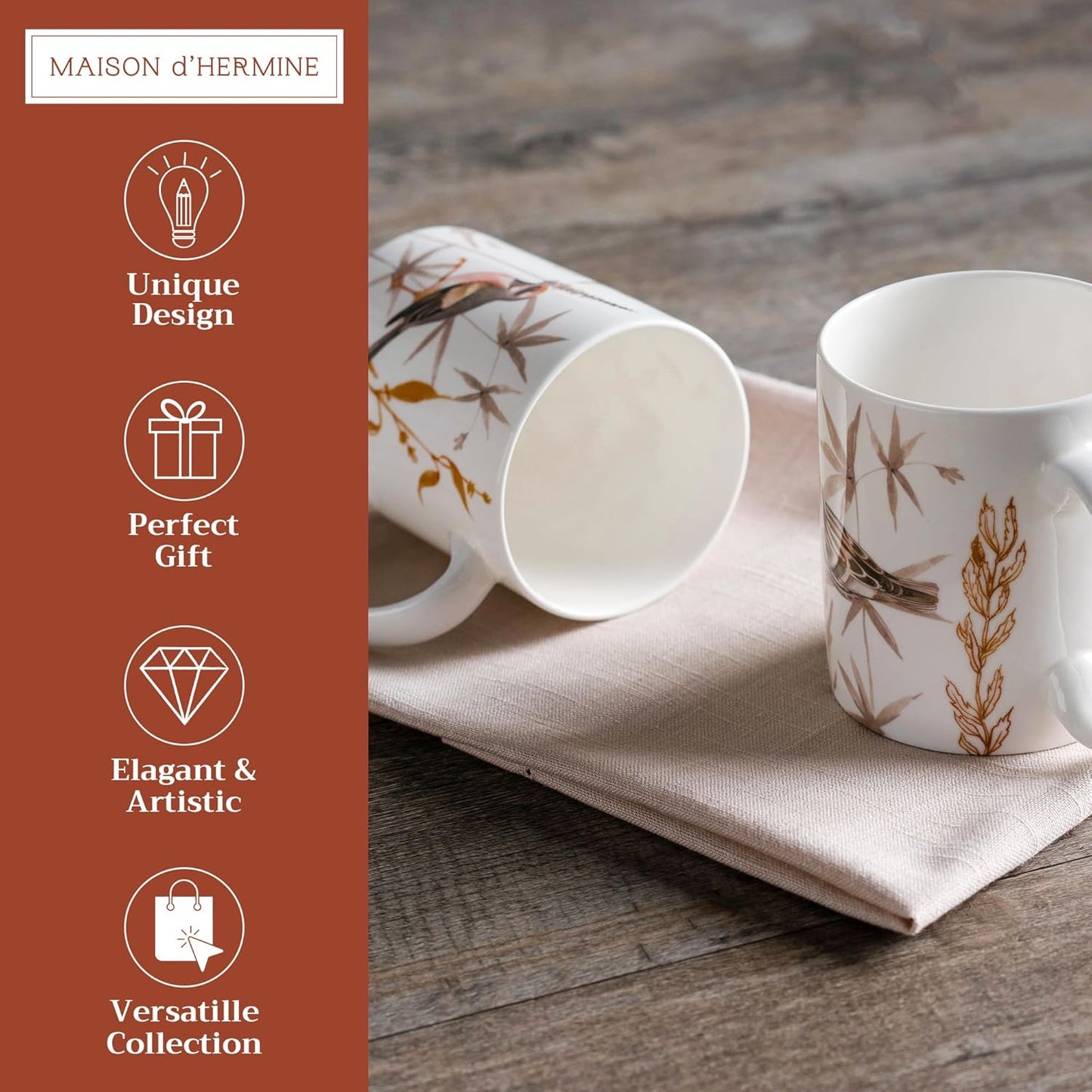 Maison d' Hermine Coffee Mug with Handles Fine Bone China Mugs Pack of Two Tea Cups for Hot Beverages Cappuccino Latte Home Restaurant Office Perfect for Gift (Meadow Florals, 12 Ounce)