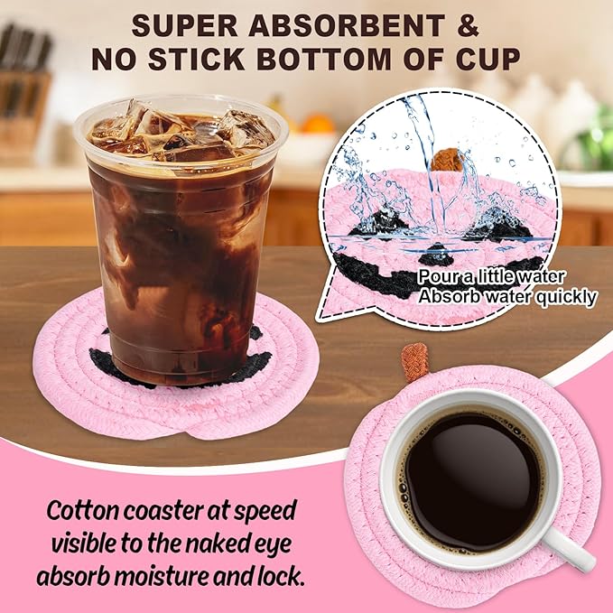 Whaline Halloween Pumpkin Cotton Coasters Pink Pumpkin Face Handmade Braided Drink Coasters Absorbent Cup Mats for Trick or Treat Party Home Table Decor, Set of 4