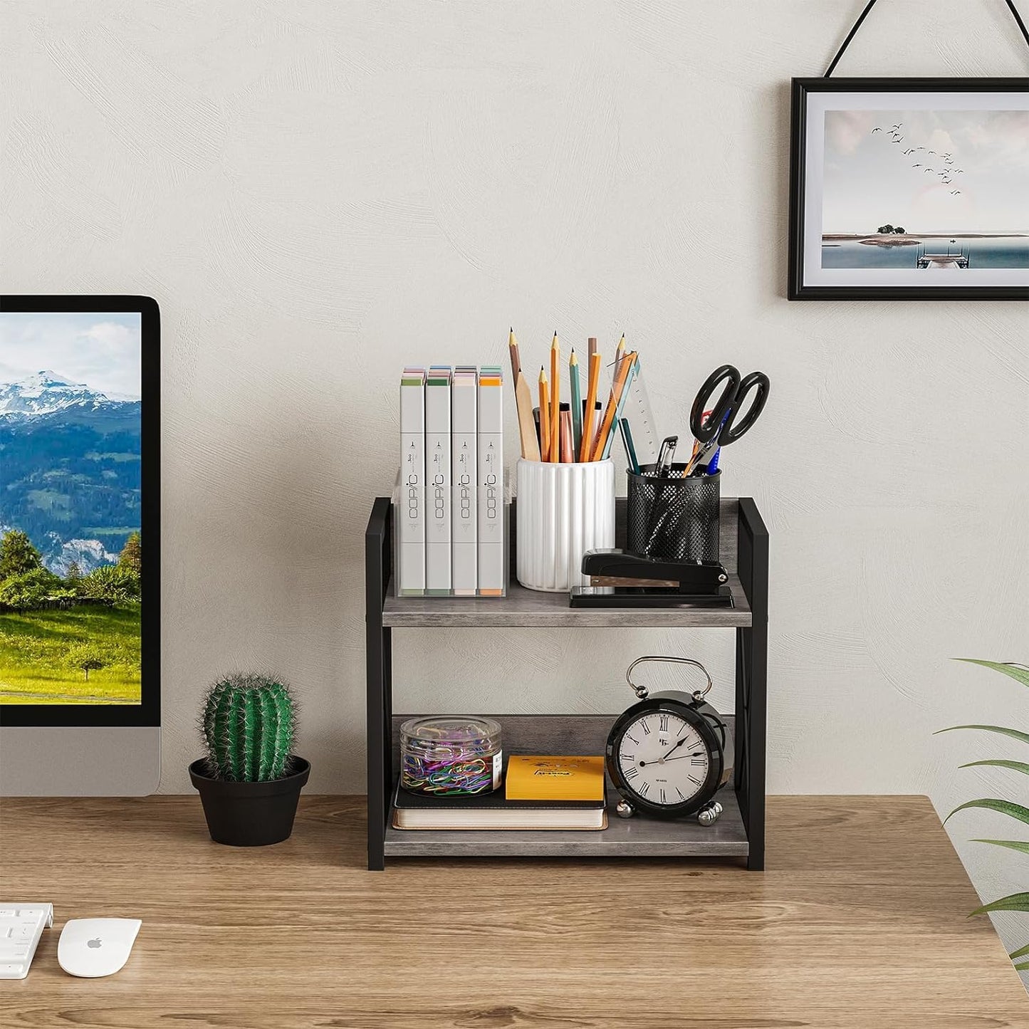 Giikin Countertop Shelf Organizer, 2 Tier Kitchen Spice Rack Organizer for Countertop, Wood Coffee Counter Shelf Organizer for Home (Grey, S)