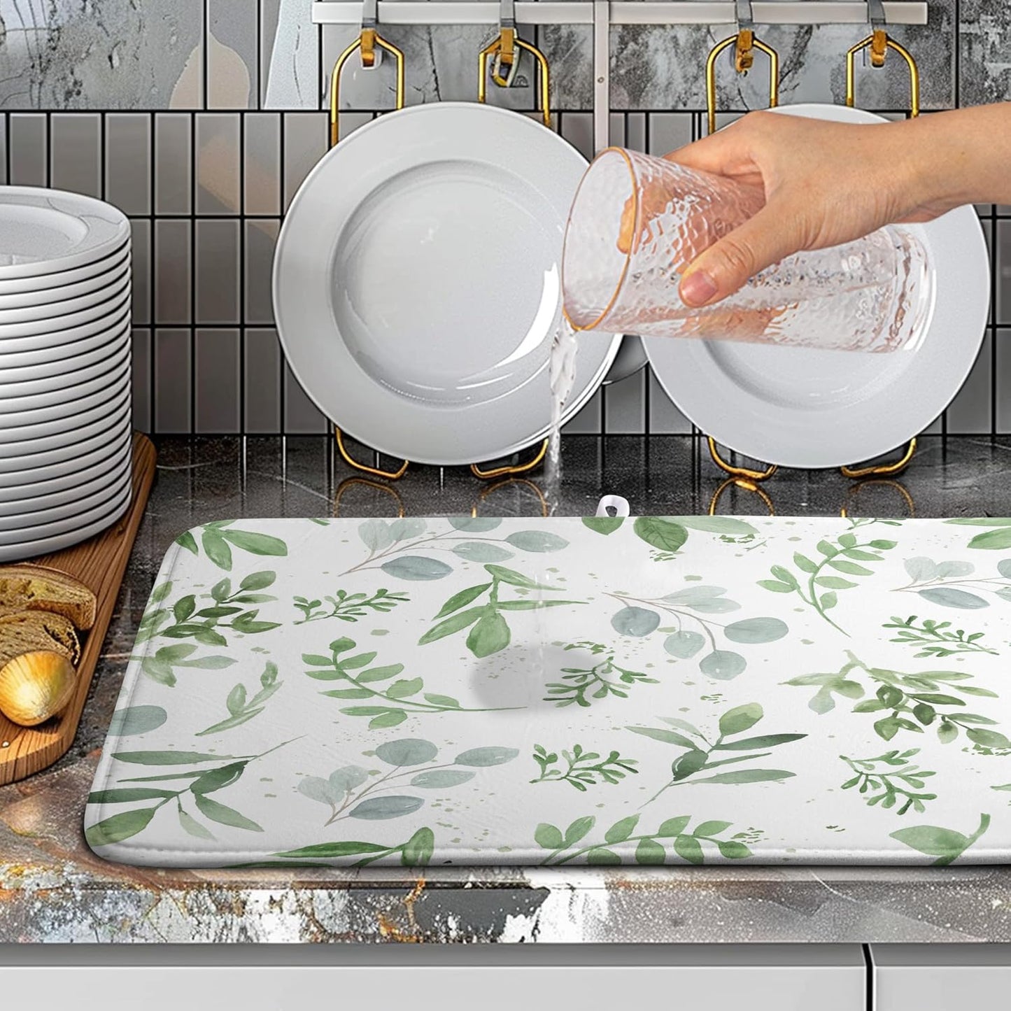 Summer Sage Green Leaves Dish Drying Mat Spring Eucalyptus Leaf Kitchen Dish Drying Pad Absorbent Dish Dryer Mat for Kitchen Countertops Microfiber Dishes Drainer Pad Dish Drying Rack Mat (18x24 in)