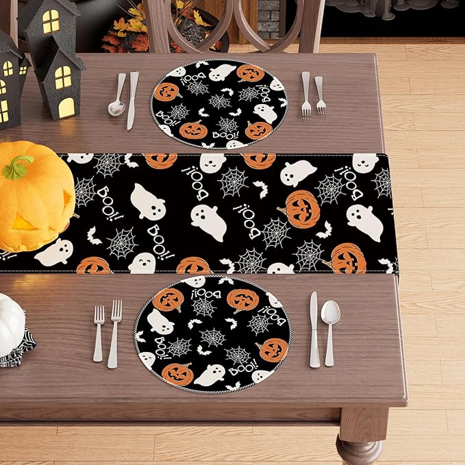XCHI Boo Spooky Ghost Pumpkin Halloween Round Placemats Set of 4 Table Mats Table Decorations 14x14 Inch
