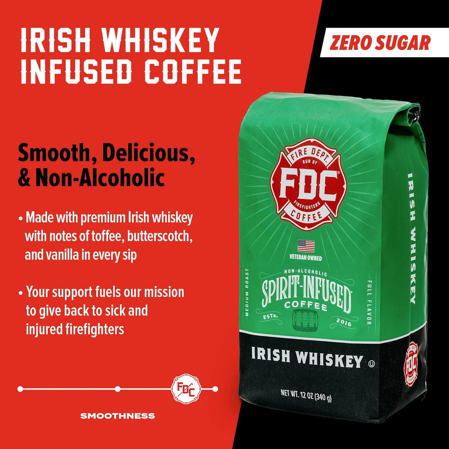 Fire Department Coffee - Gives Back to Firefighters - Irish Whiskey Infused Ground Coffee - Medium Roast - Non-Alcoholic - Roasted in the USA - Veteran Owned (12 oz, Pack of 2)
