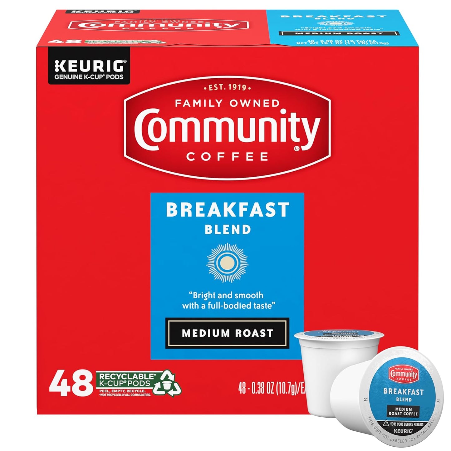 Community Coffee Breakfast Blend Medium Roast Single-Serve Keurig K-Cup Pods 48 Count (Pack of 1)