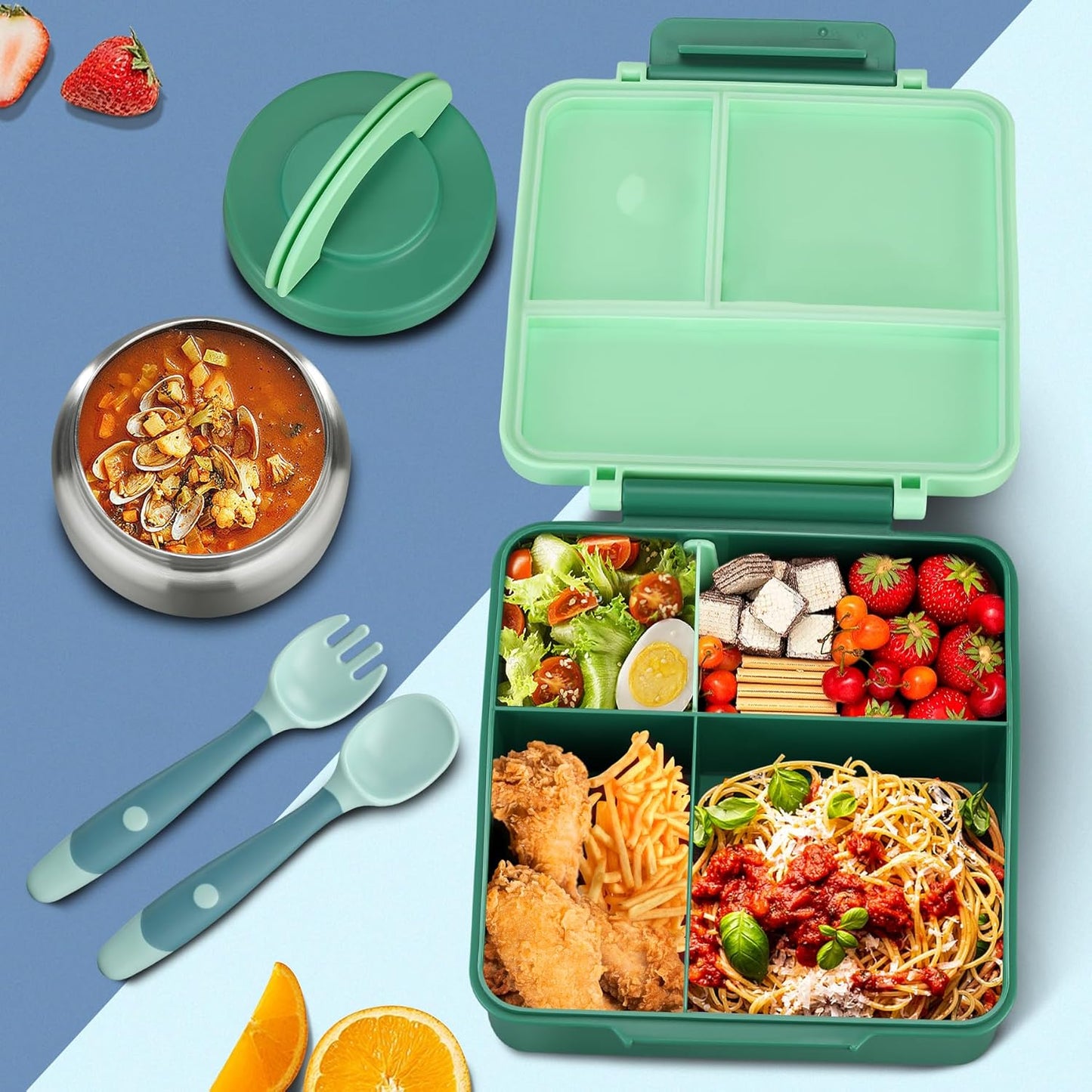 Bento Lunch Box for Kids with 8oz Soup Thermo&Lunch Bag, Leak-Proof Lunch Food Containers with 4 Compartment, Hot Food Insulated Food Jar for Kids School (Green)