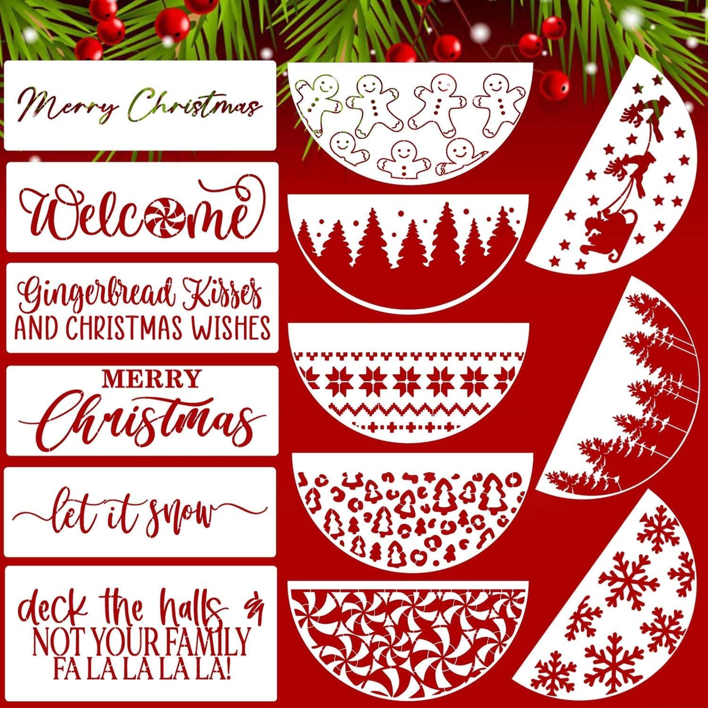 Christmas Stencils for Painting 12” Xmas Stencil for Wood Half Round Holiday Stencils Merry Christmas Let It Snow Templates for Porch Door Home Decor