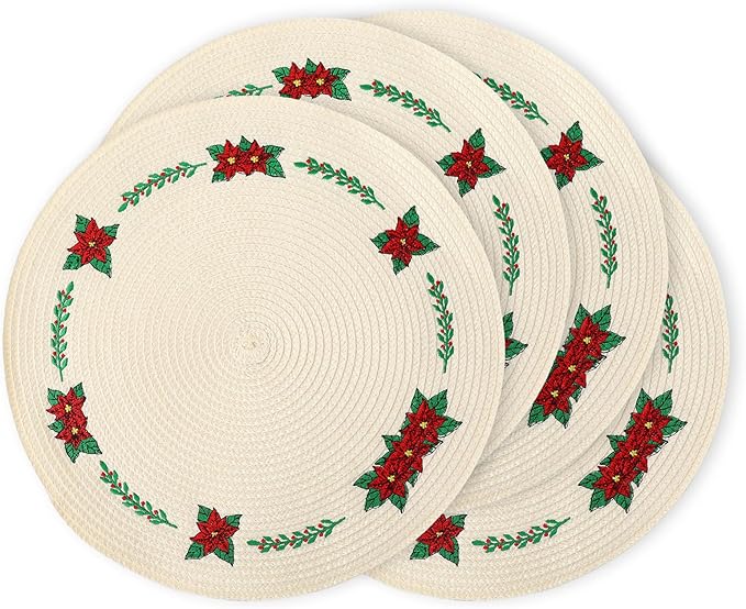 Whaline 4Pcs Round Christmas Flower Placemats Embroidered Xmas Poinsettia Place Mats Decorative Dinner Table Mats for Holiday Party Decor