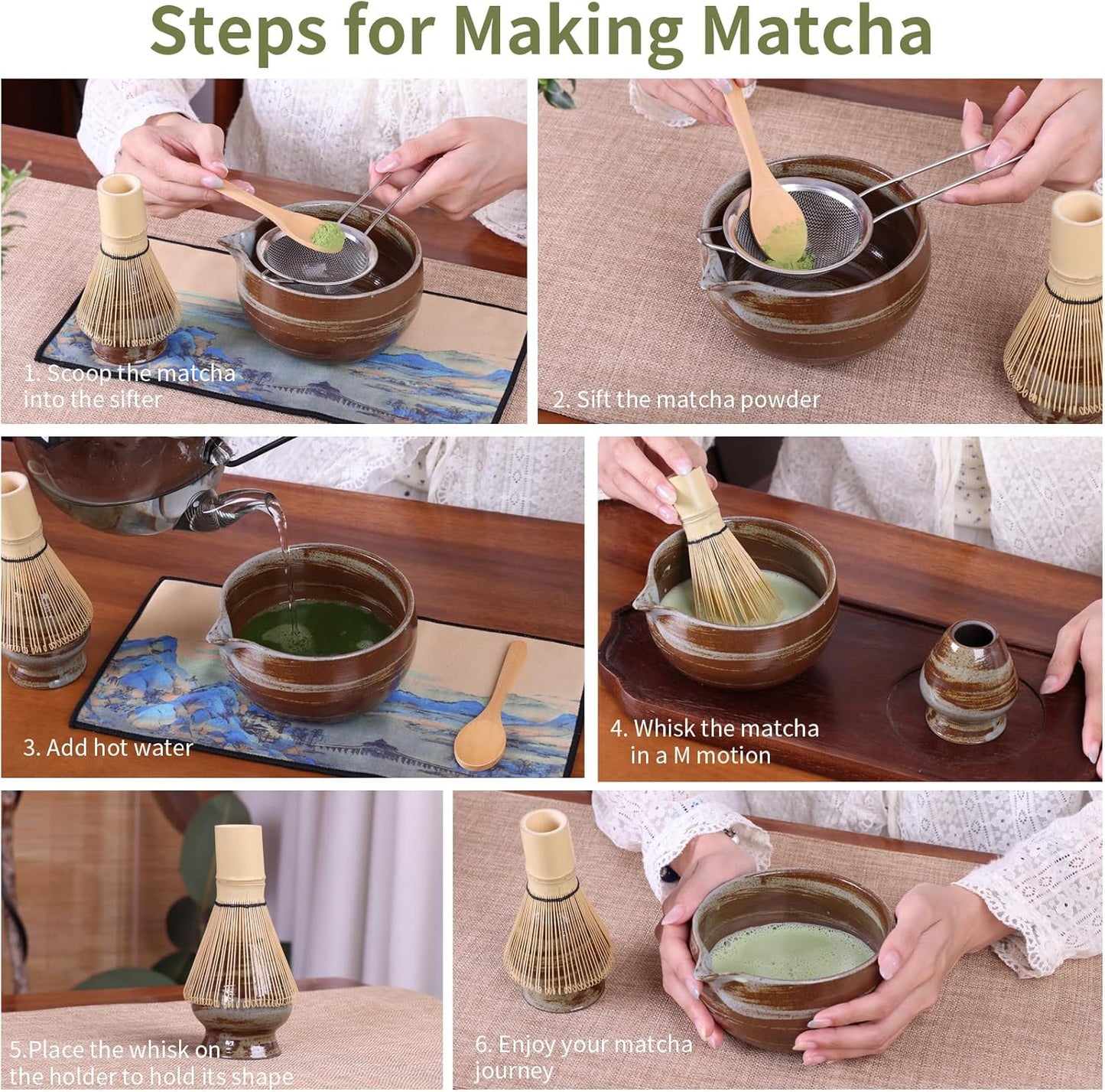 Japanese Matcha Whisk Set - 6-Piece Kit with Bamboo Chasen, Matcha Ceramic Bowl with Spout, Stainless Steel Sifter Brown