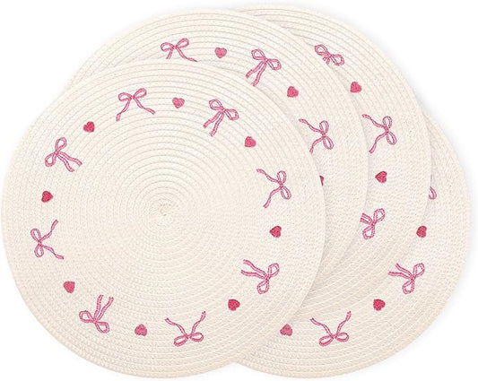 Whaline 4Pcs Round Placemats White Pink Bow Embroidered Place Mats Coquette Bowknot Heart Dinner Table Mats for Home Wedding Baby Shower Birthday Party Decor