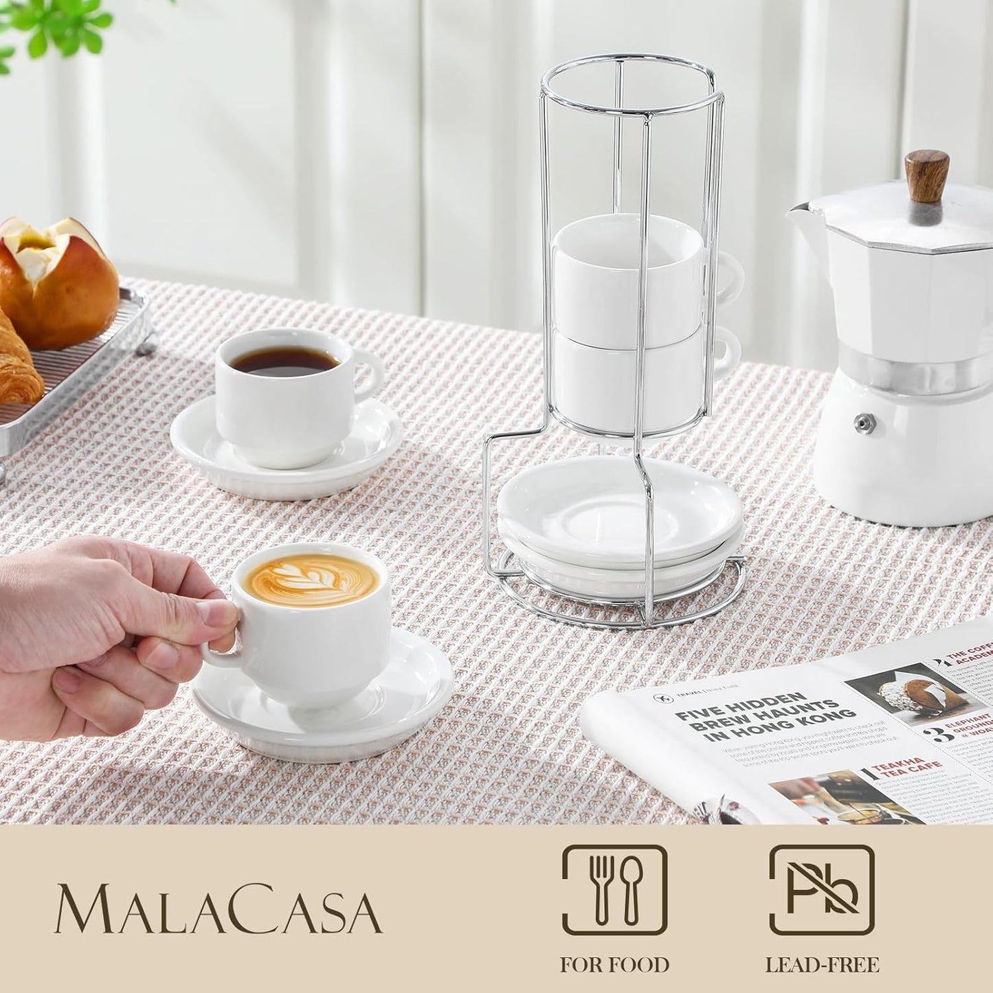 MALACASA 2.5 OZ Porcelain Espresso Cups with Saucers and Metal Stand Set of 4, Stackable Cappuccino Cups, White Expresso Shots Cup Set for Coffee Drinks, Latte, Tea