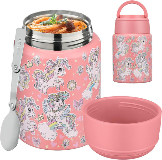 Soup Thermo for Hot Food Kids 16oz Insulated Food Jar Leakproof Thermo Lunch Container for Kids Wide-Mouth Stainless Steel Lunch Box for School with Handle Folding Spoon(3+)