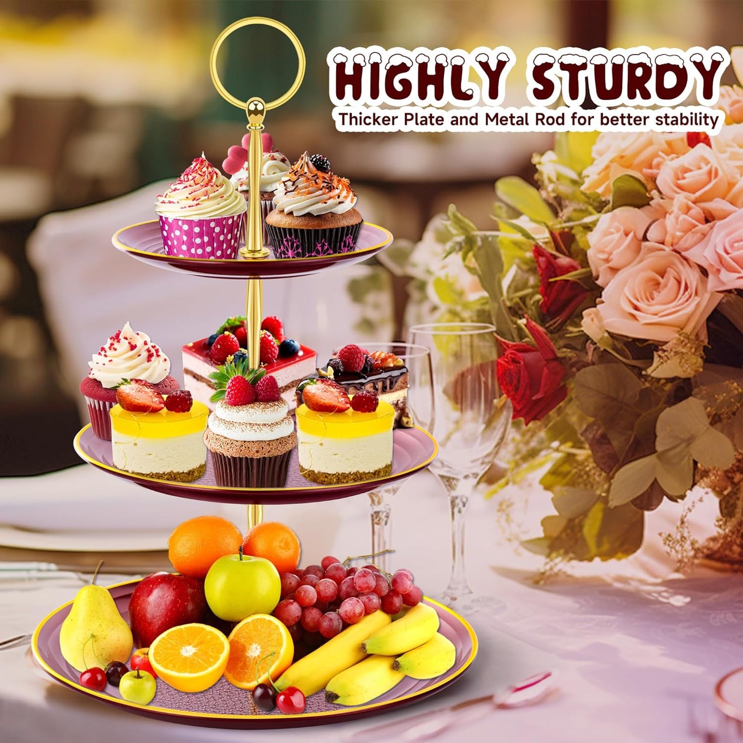 PinCute Cupcake Stand Holder - 3 Tier Cup Cake Dessert Stands, Plastic Tiered Serving Tray&Metal Rod for Birthday Party, Wedding, Tea Party, Baby Shower-Red