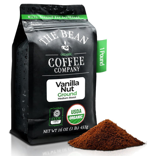 The Bean Organic Coffee Company Vanilla Nut, Medium Roast, Ground Coffee, 16-Ounce Bag,Café molido tostado organico