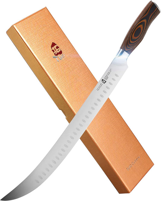 TUO Cimitar Butcher Knife - 14 Inch Butcher's Breaking Knife Long Meat Slicing Knives Pro Curved Slicer Carver - Forged German Steel with Full-Tang Pakkawood Handle - Fiery Series Gift Box Included