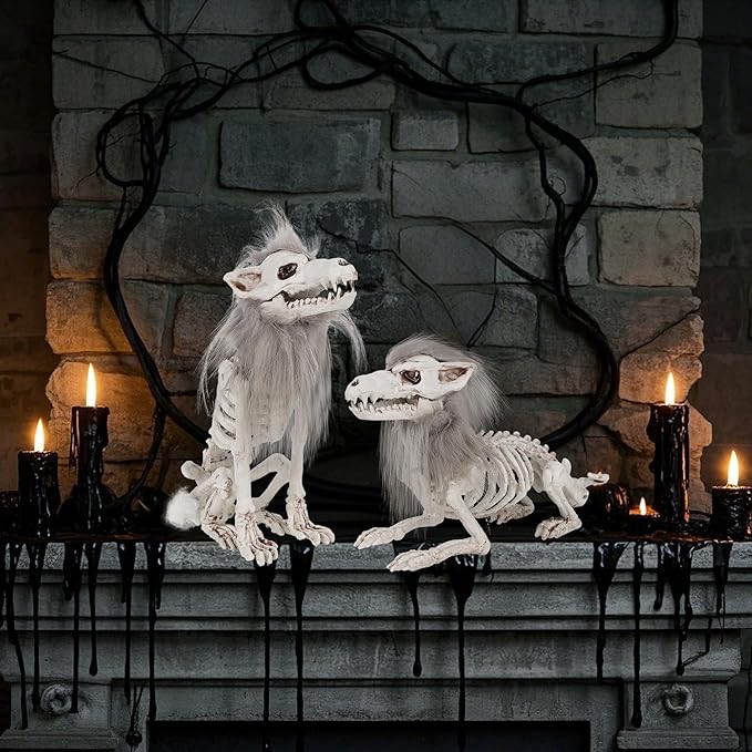 DR.DUDU 2 Pack Halloween Skeleton Wolf Decorations, Life Size Animals Skeletons Poseable Halloween Decor Plastic Bones with Hair Wolf Skull Figurines for Table Yard Lawn Party Props Décor