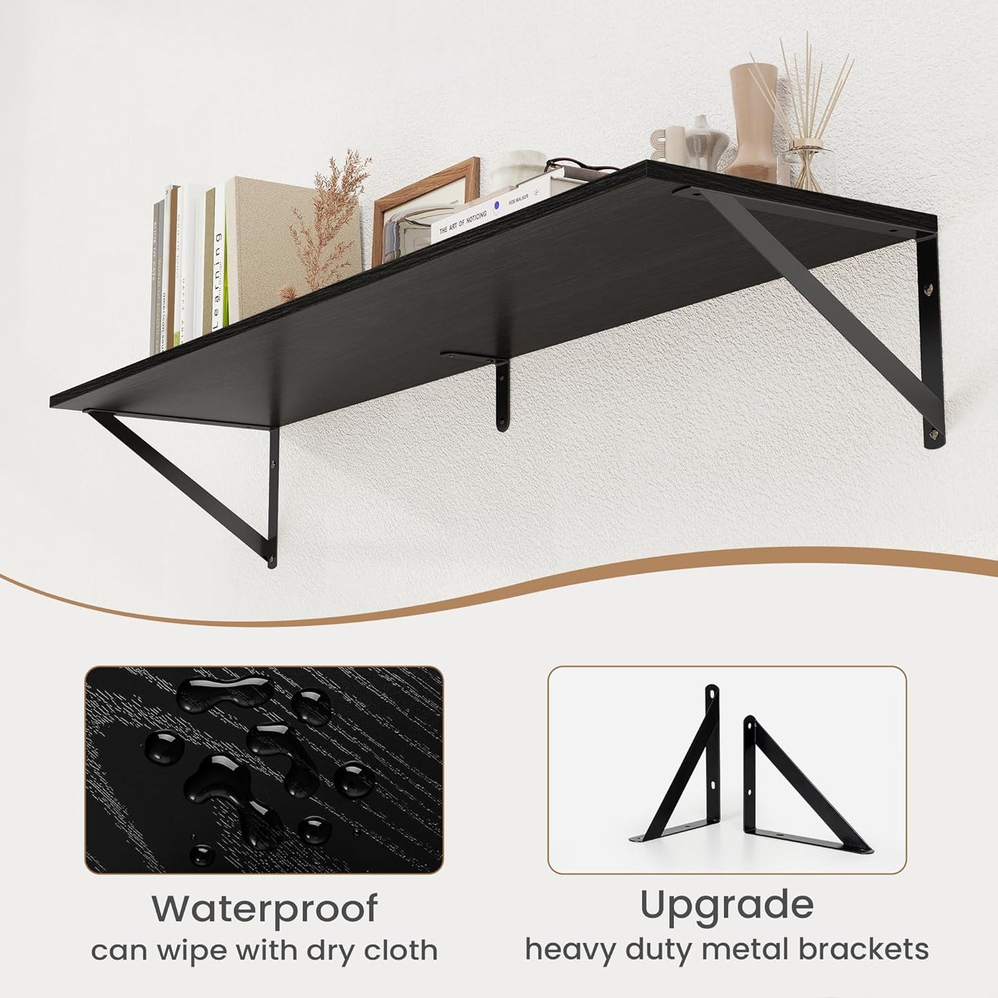 Heimlove Black Deep Floating Shelves for Wall, 40W x 8D Wood Wall Shelves Set of 2, Wide Floating Bookshelf for Living Room, Kitchen, Office, Bedroom and Decor Storage, with Metal Bracket - Black