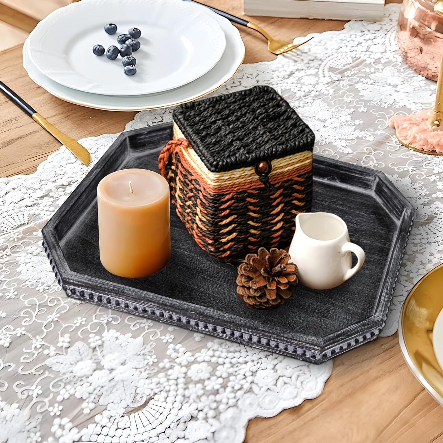 Decorative Coffee Table Serving Tray, Long Octagonal Black Wood Tray with Wooden Bead, Farmhouse Big for Ottoman Table, Countertop, Home Decor, 16.5"x13"x1.6" (Retro Black)