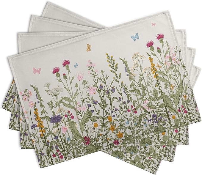 Rustic Wildflower Floral Placemats Set of 4 Spring Summer Vintage Flowers Plants Herbs Linen Table Mats 12x18 Inch Seasonal Flower Decorative Place mats for Farmhouse Kitchen Dining Decoration
