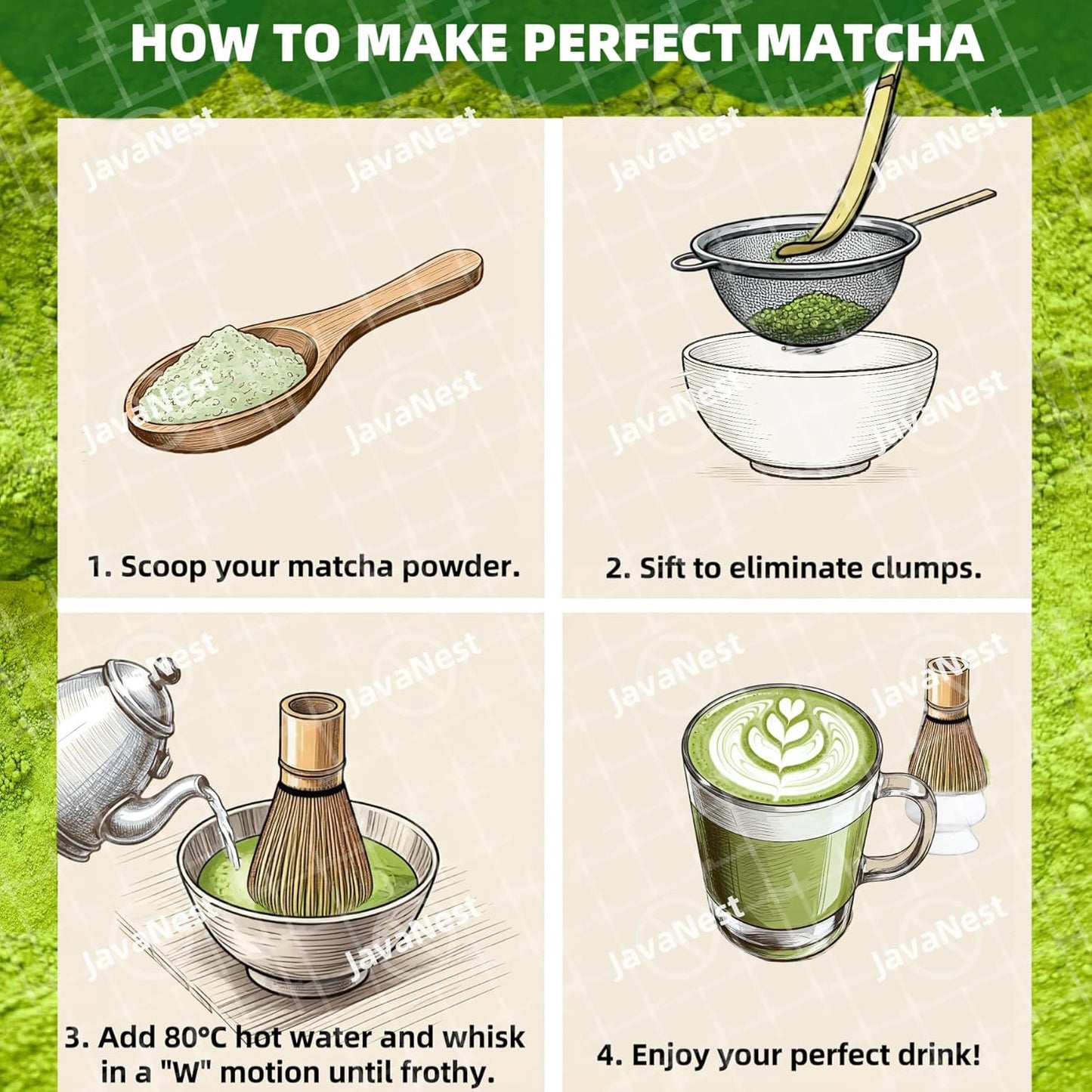7-Piece Matcha Tea Set with Gift Card – 120-Prong Bamboo Whisk, Ceramic Bowl with Spout, Whisk Holder, Scoop, Spoon, Strainer & Scoop Holder – Ideal Gift for Matcha Lovers (White, 100-Prong)