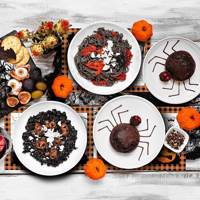 Honoson 100 Pieces Halloween Placemats Happy Halloween Fall Pumpkin Placemats Paper Halloween Place Mats Spooky Ghost Buffalo Plaid Kitchen Mat Double Sided Dinner Table Mats, 14 x 10 Inch