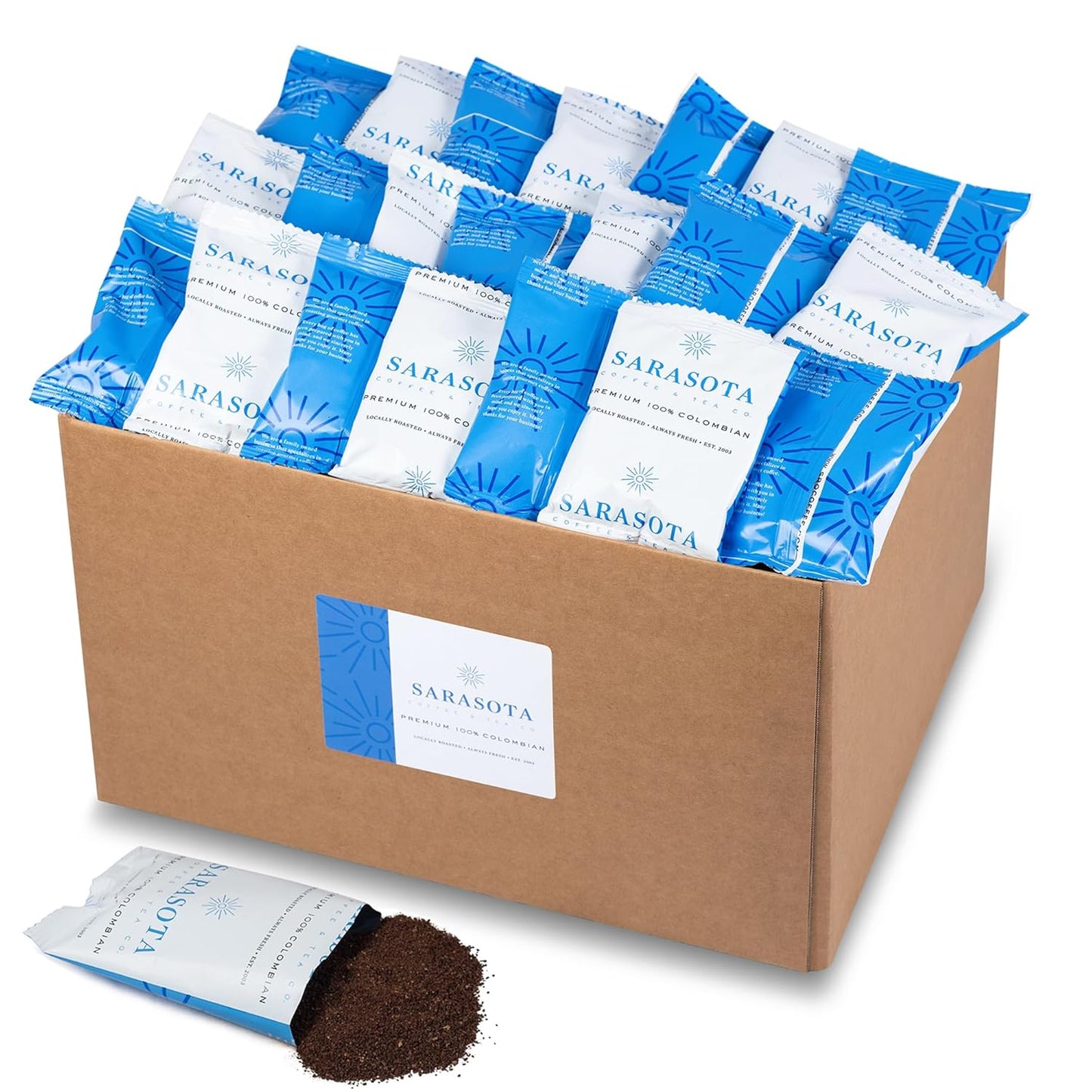 Sarasota Coffee Ground Packets | Colombian Medium Roast | Bulk Packs | Gourmet Columbian Low Acid Mold Free Singles Individual Pouches for 12 Cup Coffee Maker | 1.75 Ounce Bags, 100 Count