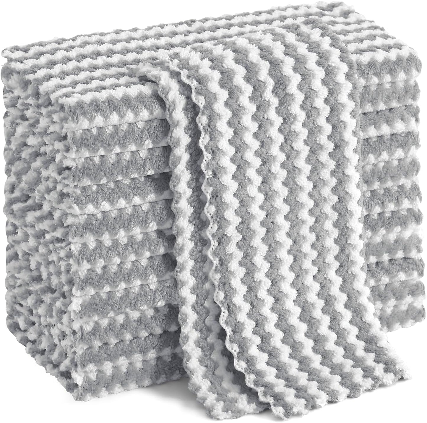 Homaxy 12 Pack Kitchen Dish Cloths, Ultra Soft and Absorbent Dish Towels, Reusable Fast Drying Microfiber Cleaning Cloth, Coral Velvet Wave Design No-lint, 10 x 10 inches, Grey