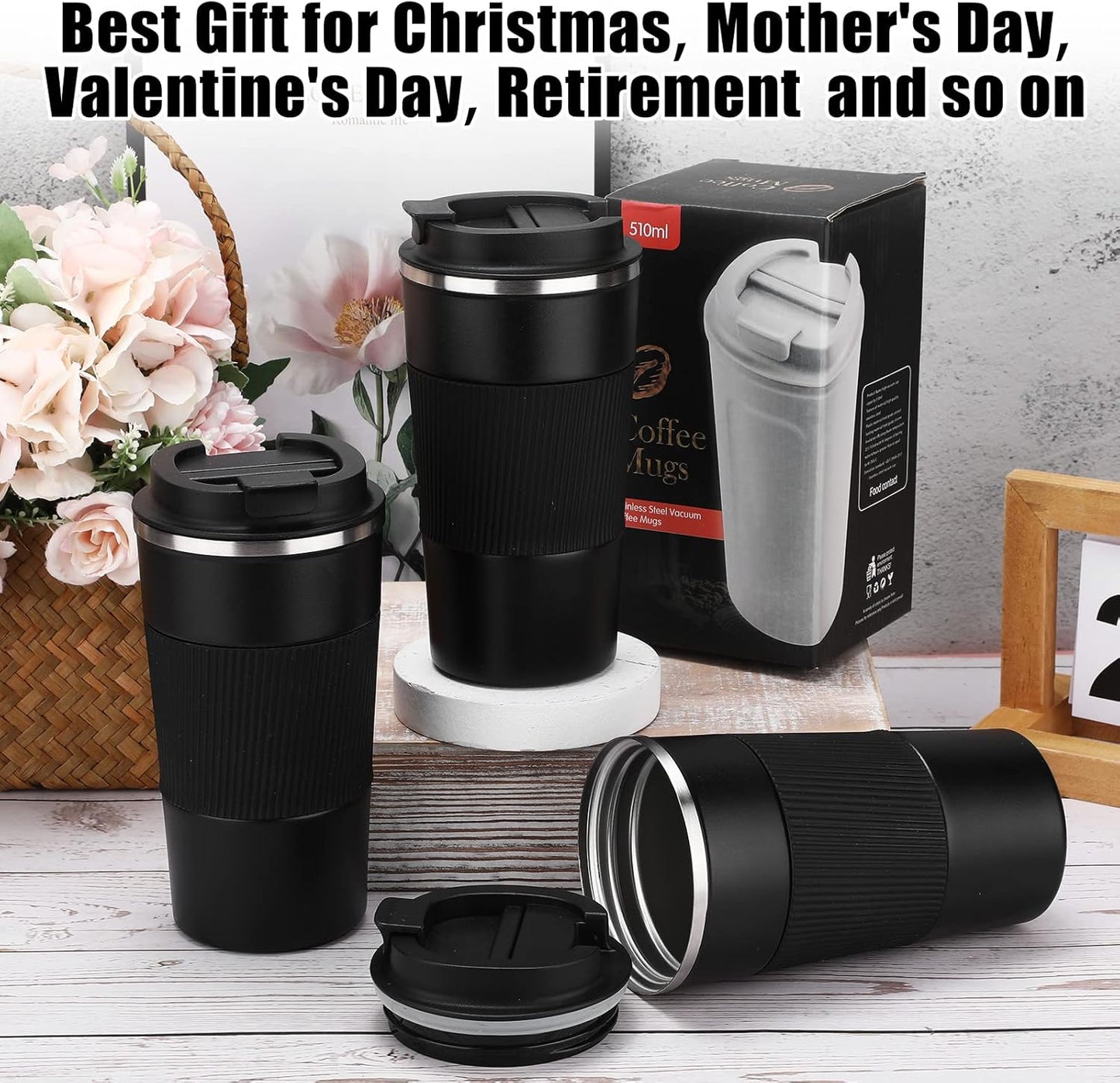 Sabary 4 Pack 16 oz Bulk Travel Coffee Mug with Lid Reusable Vacuum Insulated Coffee Tumbler Double Wall Thermal Stainless Steel Camping Tea Cup for Christmas Winter Drinks Employee Gift(Black)