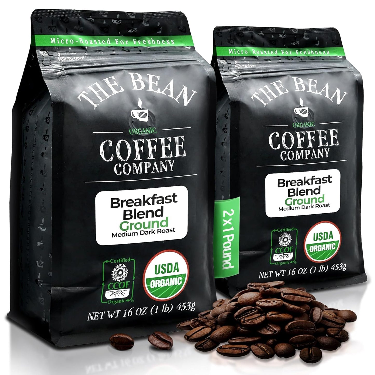 The Bean Organic Coffee Company Breakfast Blend, Medium Dark Roast, Whole Bean Coffee, 16-Ounce Bags (Pack of 2)