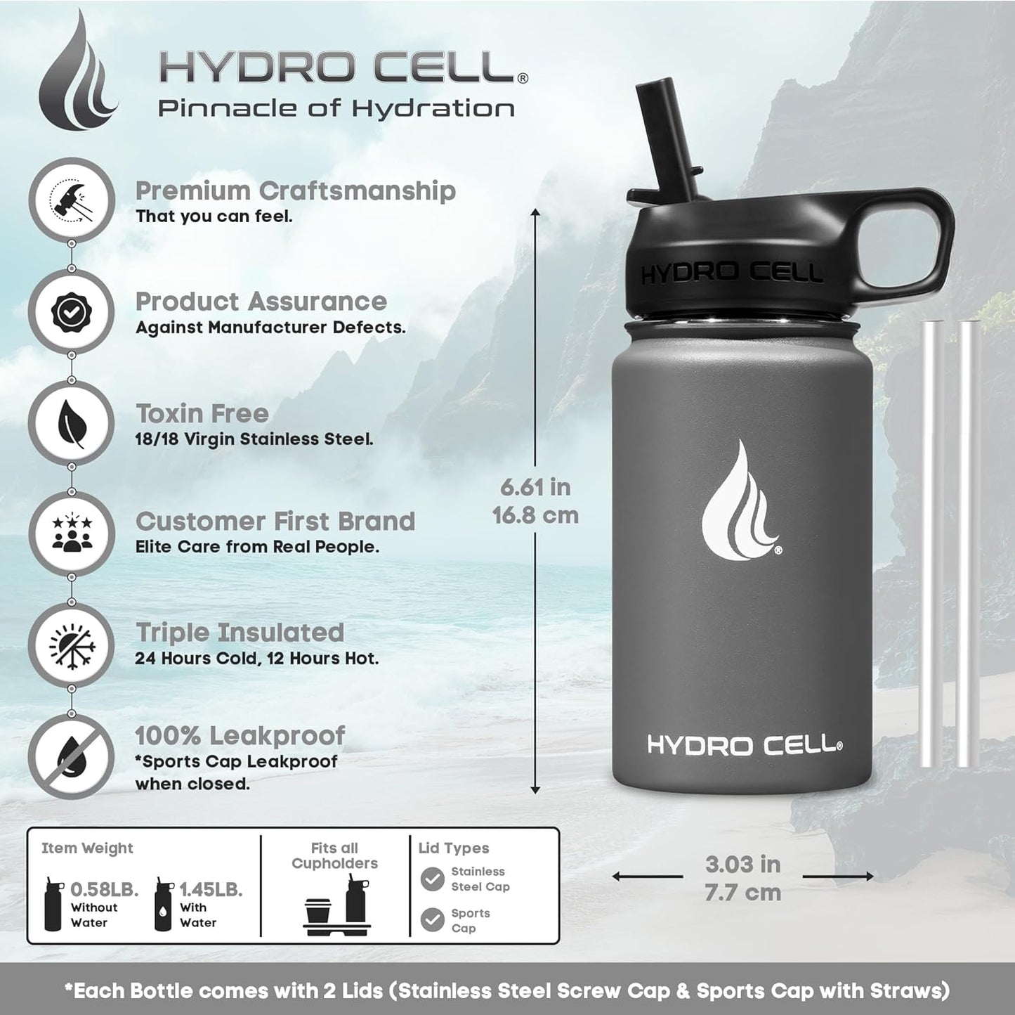 HYDRO CELL Stainless Steel Insulated Water Bottle with Straw - For Cold & Hot Drinks - Metal Vacuum Flask with Screw Cap and Modern Leakproof Sport Thermos for Adults (Graphite 14oz)