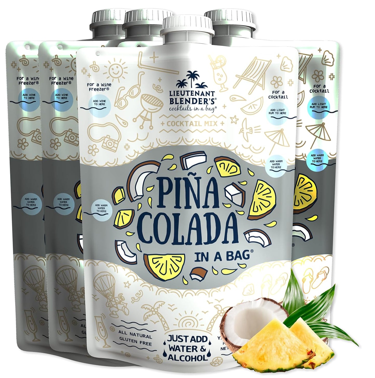 Lt. Blender's Pina Colada in a Bag – Pina Colada Drink Mix - Each Bag Makes 1/2 Gallon of Slushie Pina Colada Mix – Cocktail Mix - Make a Cocktail, Wine Slushie or Mocktail - (Pack of 4)