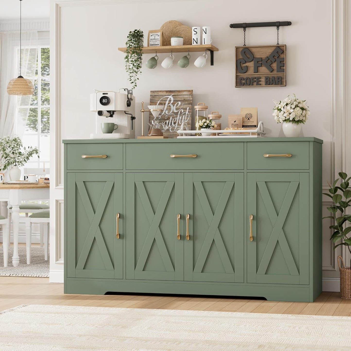HOSTACK Buffet Sideboard Cabinet with Drawers, 55" Large Buffet Storage Cabinet with Shelves and Doors, Modern Farmhouse Coffee Bar Station for Kitchen, Dining Room, Green
